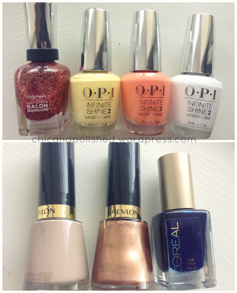 Top Row (L-R): Sally Hansen Complete Salon Manicure Copper Penny, OPI Infinite Shine Bee Mine Forever, OPI Infinite Shine The Sun Never Sets, OPI Infinite Shine Non-Stop White. Bottom Row (L-R):  Revlon Elegant, Revlon Copper Penny, L'Oreal After Hours. 